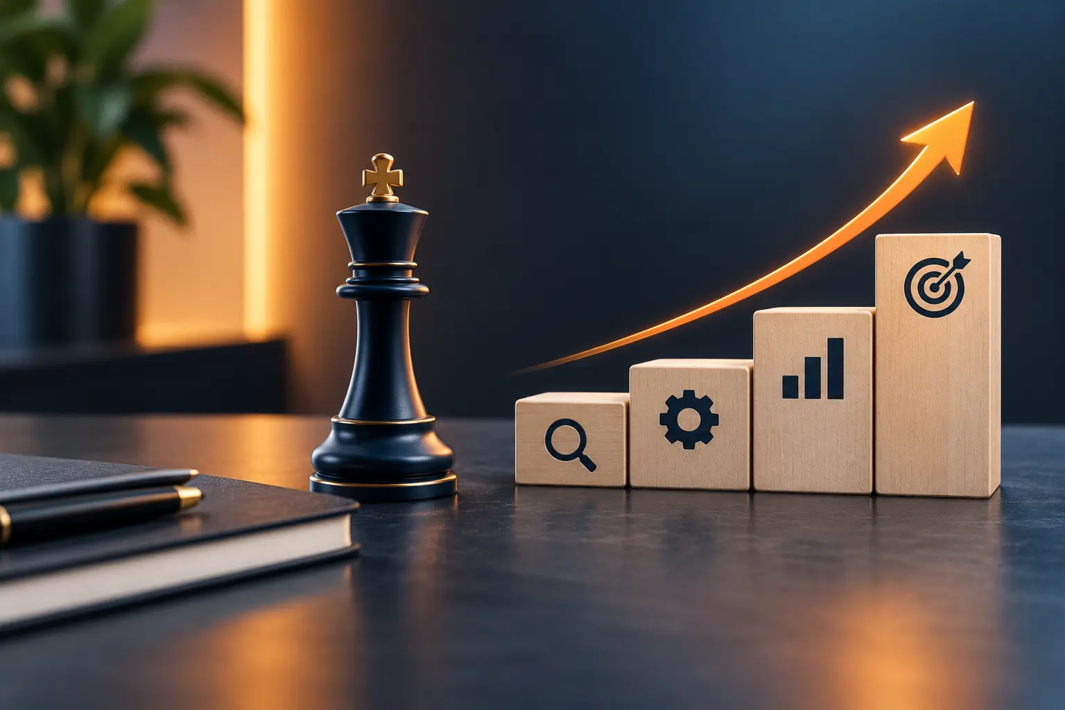 Premium strategy visual with a chess king, optimization steps, performance blocks, and target icon representing what senior Amazon PPC strategists deliver.