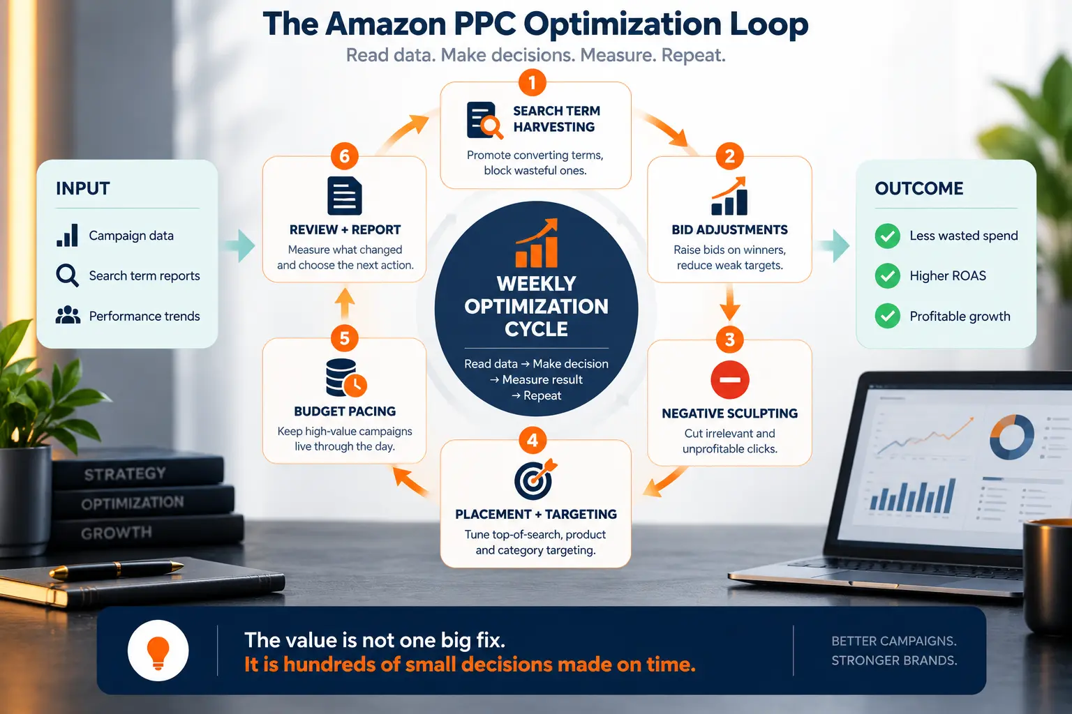 Amazon PPC optimization flywheel showing search term harvesting, bid adjustments, negative keywords, budget pacing, placement tuning, and reporting as a recurring weekly management cycle.