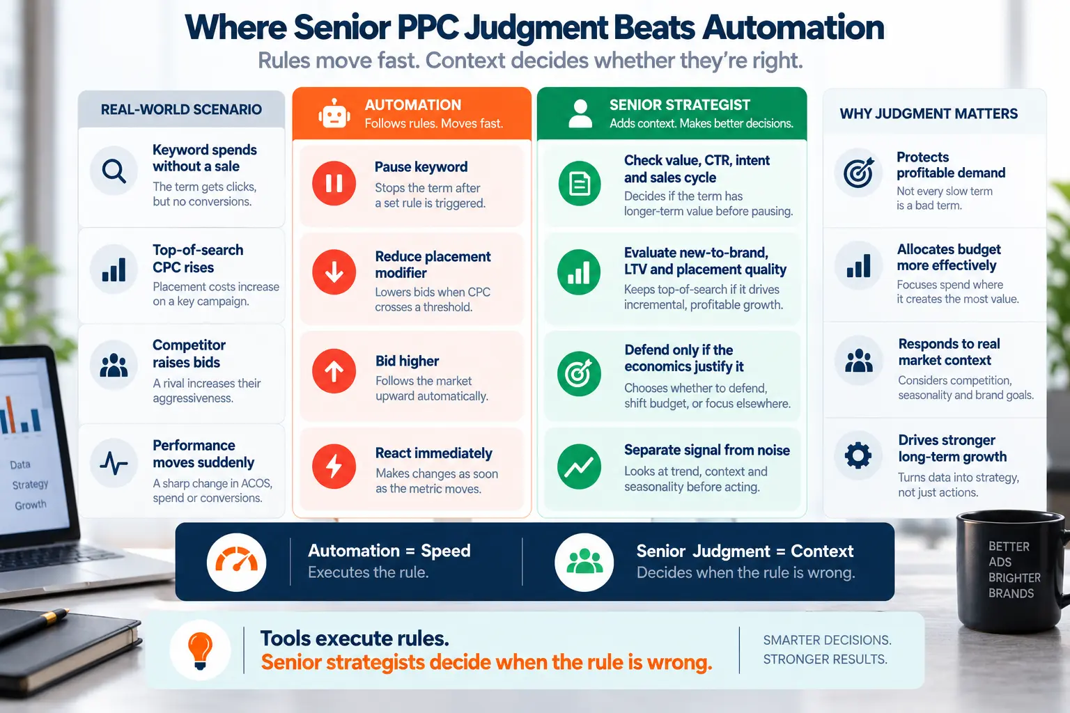 Amazon PPC infographic comparing automated rule-based actions with senior strategist decisions for high-value keywords, placement bids, competitor bid wars, and noisy performance data.