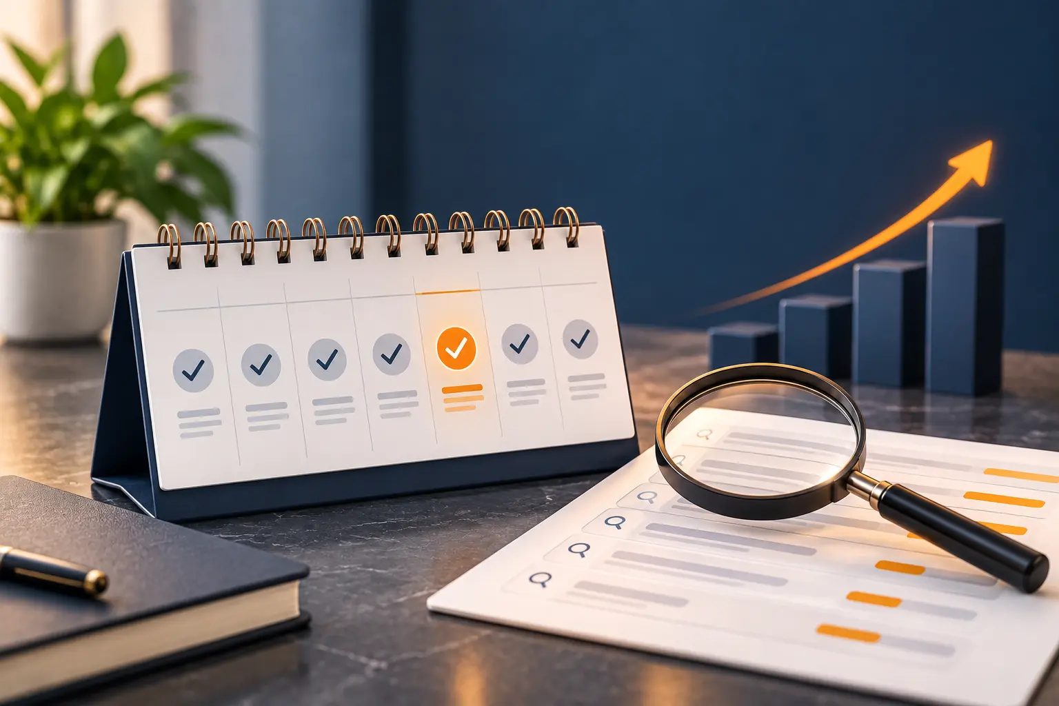 Weekly review planner with SQP search-term analysis and performance tracking visuals representing a structured Amazon PPC review routine for operators.