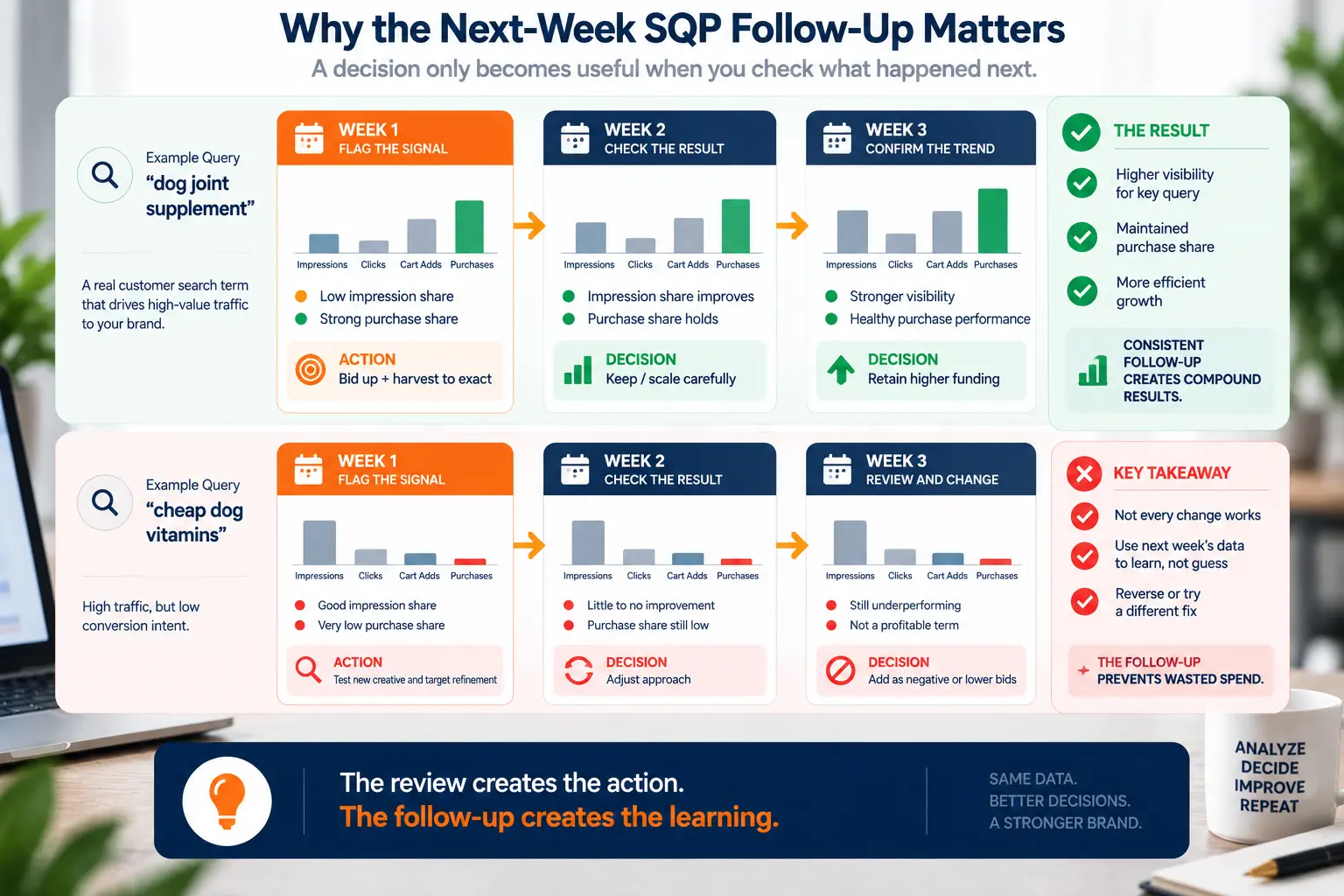Three-week Amazon SQP query timeline showing a flagged search query, the PPC action taken, the following-week result, and the decision to scale or adjust based on the change.