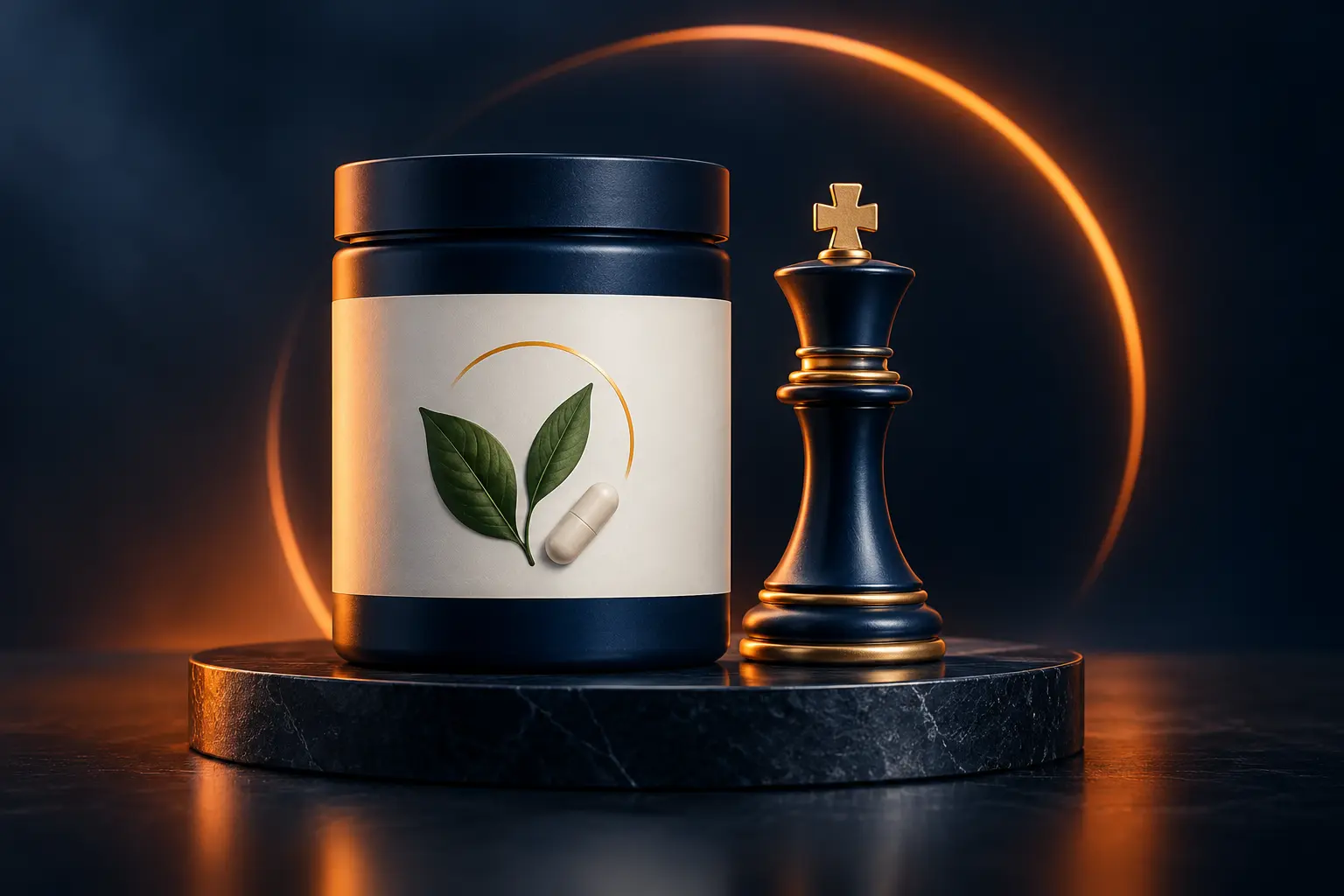Premium wellness supplement jar and a chess king on a dark studio pedestal, representing expert Amazon PPC management for wellness brands.