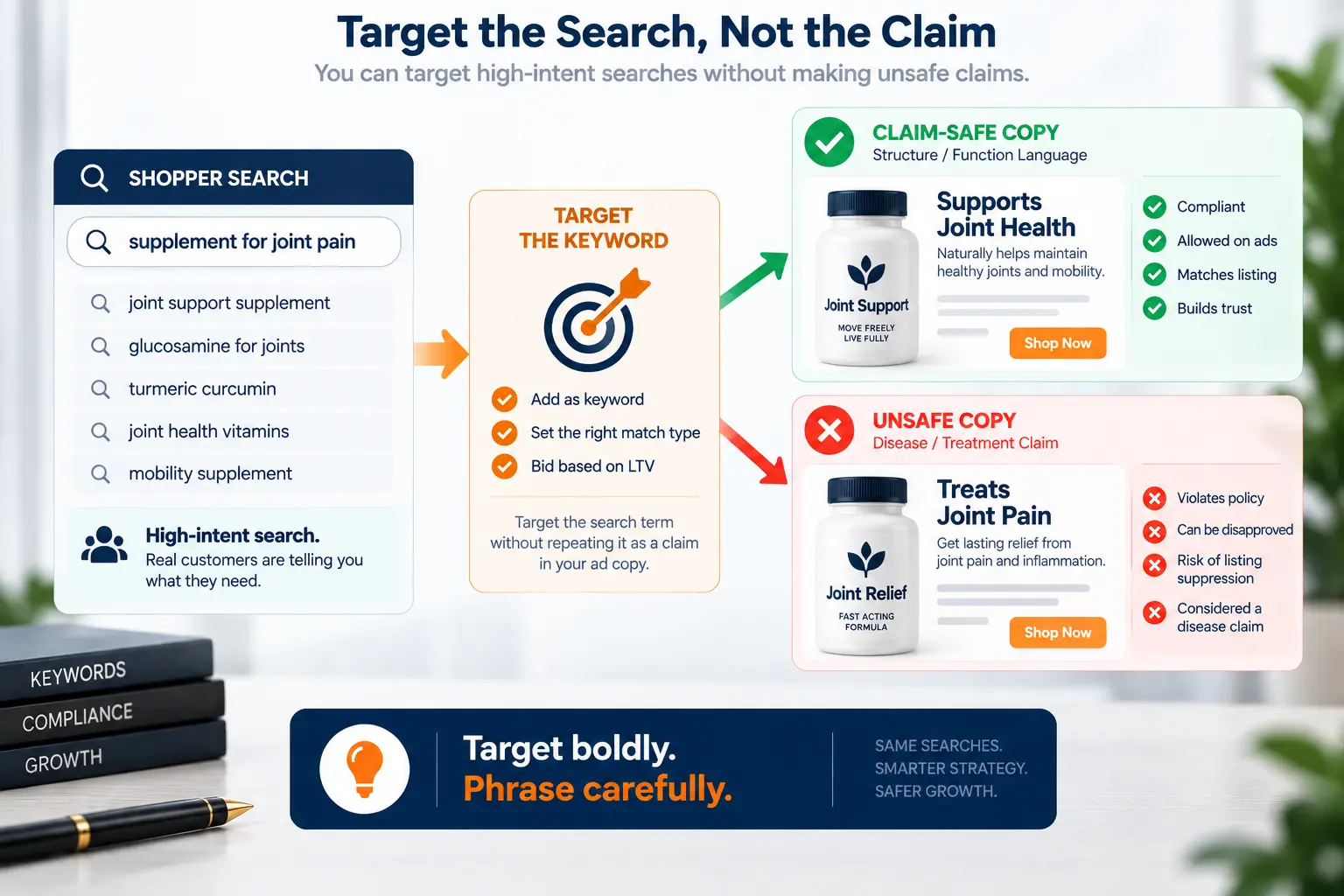 Wellness Amazon PPC infographic showing how a condition-related search term can be targeted while keeping ad copy in compliant structure-function language.