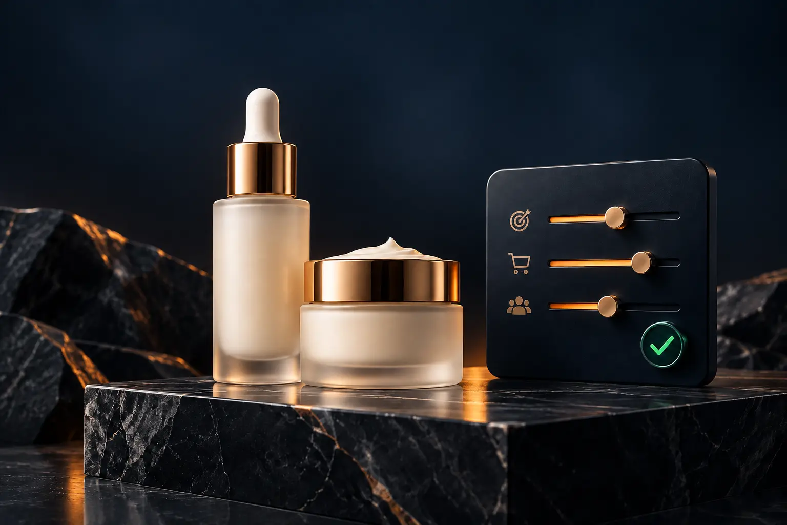 Premium skincare serum and cream beside a control panel with optimization sliders, representing expert Amazon PPC management for beauty brands.