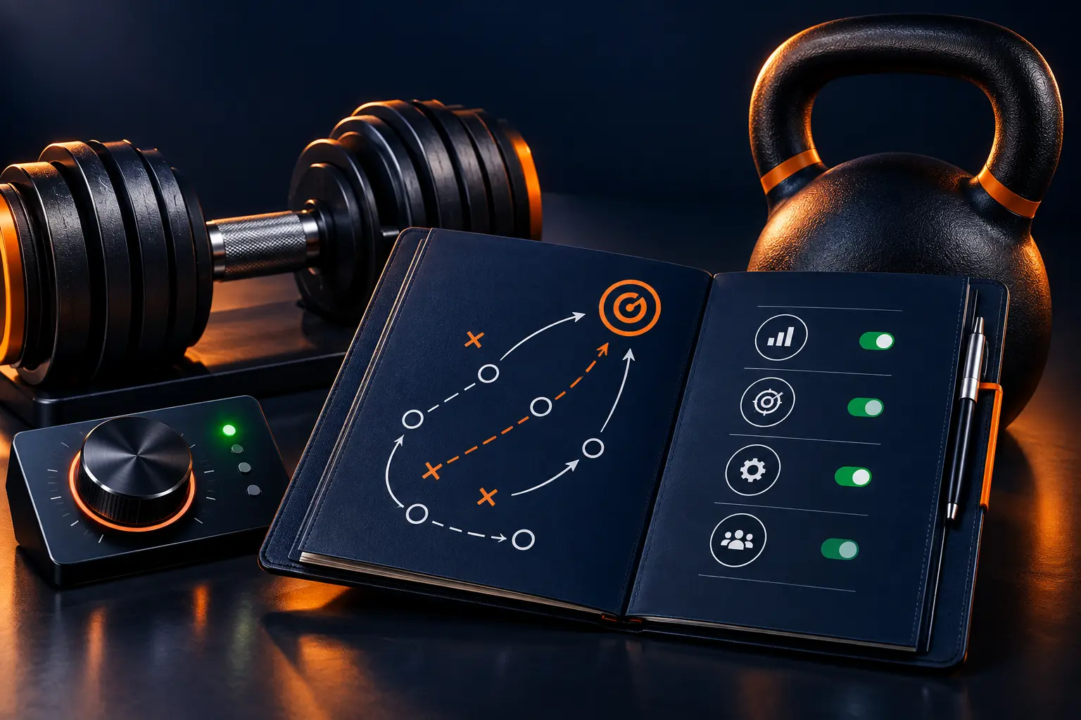 Premium fitness equipment beside a strategic playbook and optimization controls, representing senior Amazon Ads management for fitness brands doing $500K+ in sales.