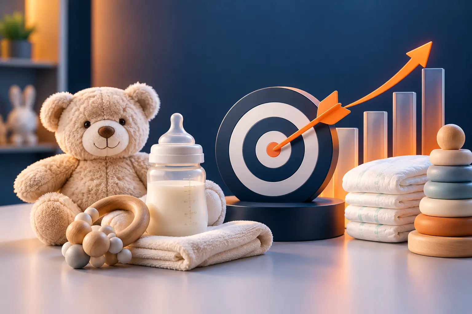 Premium baby care products with a target and performance growth visual, representing expert Amazon PPC management for baby brands.