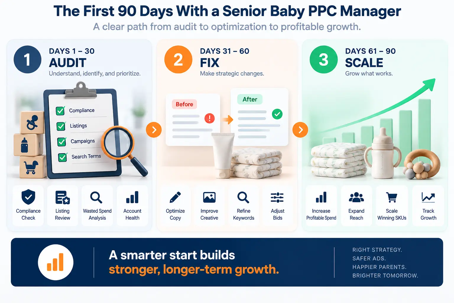 90-day Amazon PPC management roadmap for baby brands covering compliance audit, trust improvements, keyword optimization, and controlled scaling.
