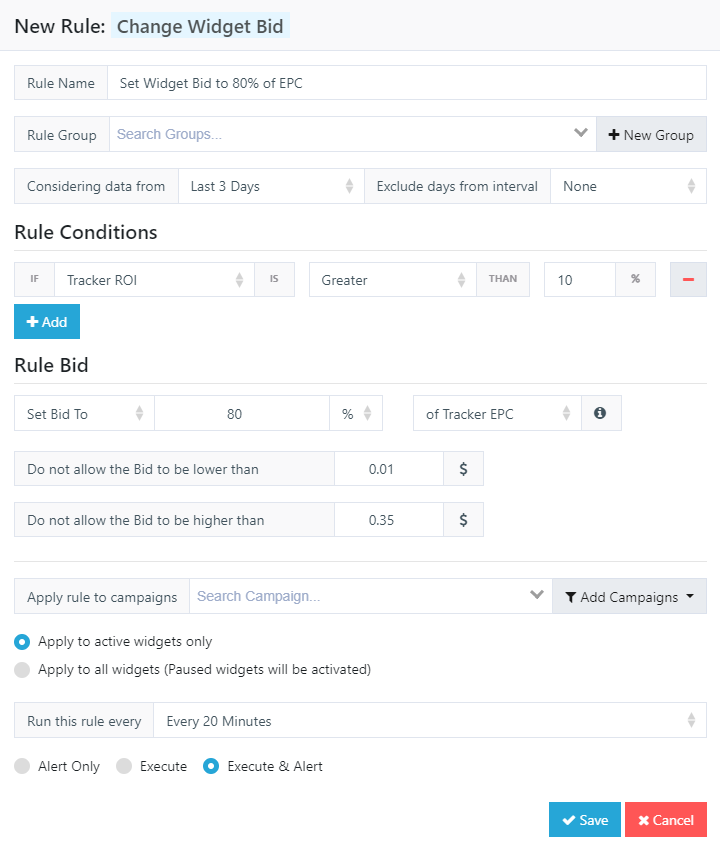 change widget bid automatic rule theoptimizer native