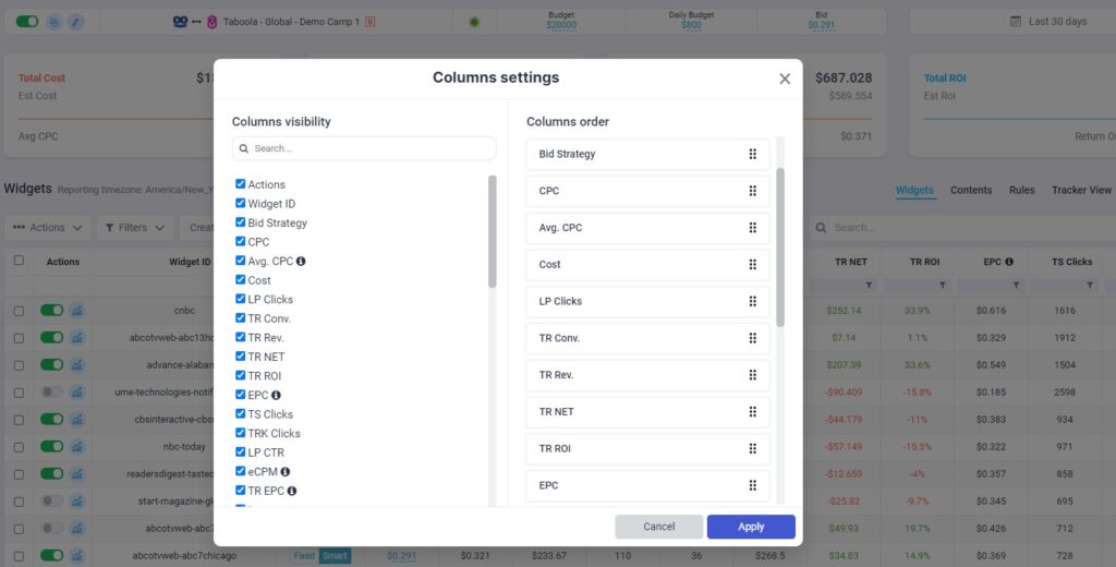 theoptimizer native column settings