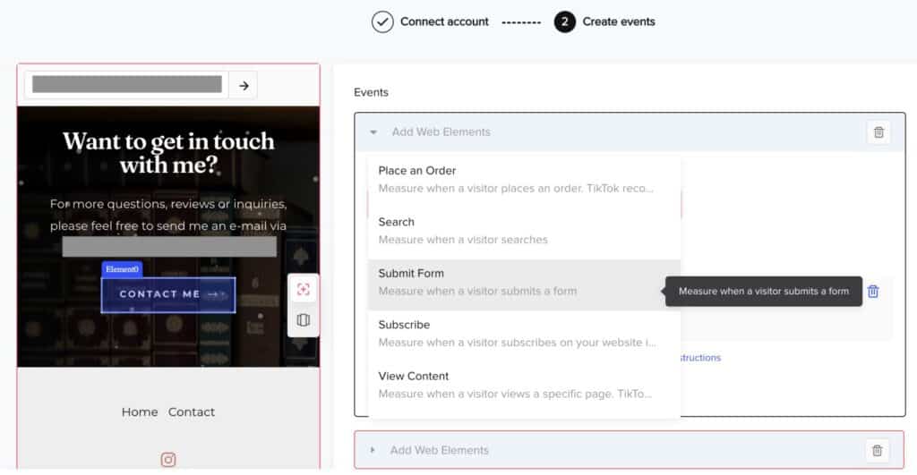 This image shows the kind of web events you can track with your TikTok ads account. 