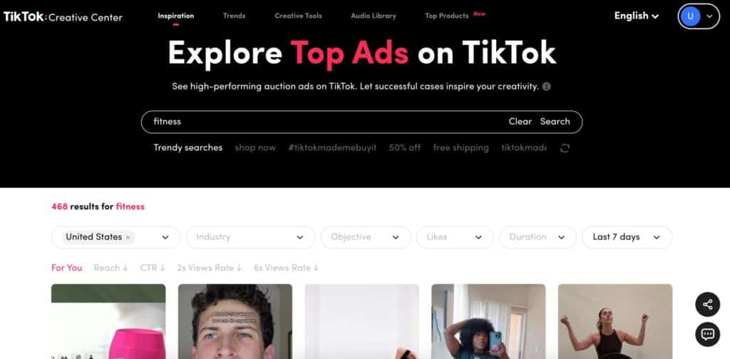 This image shows the Top Ads page which shows top ads on TikTok. 