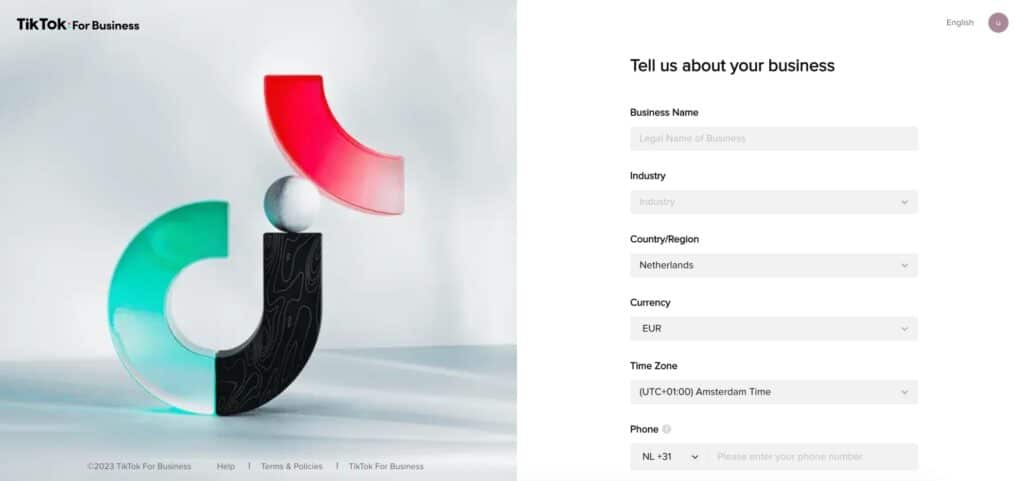 This image shows TikTok's registration form to create a TikTok ads account. 