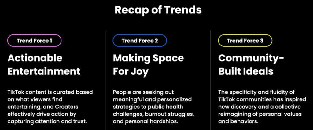 The image shows the three driving forces behind TikTok ad trends in 2023. 