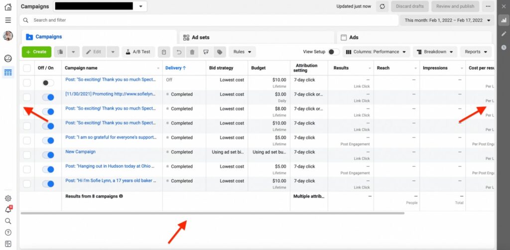 Facebook ads manager dashboard