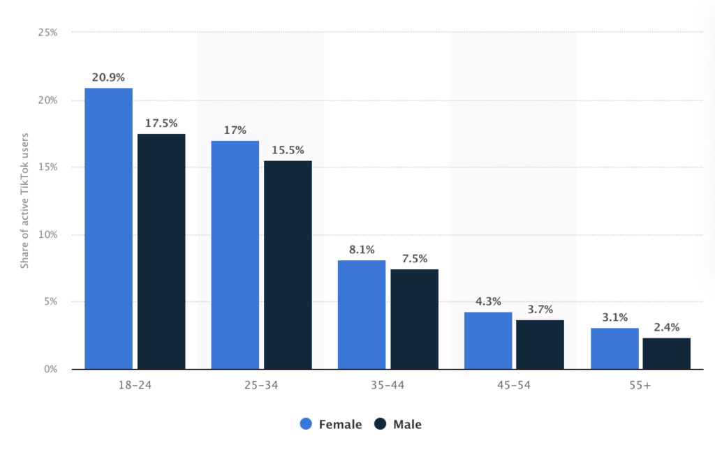 Graph showcasing TikTok's app usage by age group and gender 
