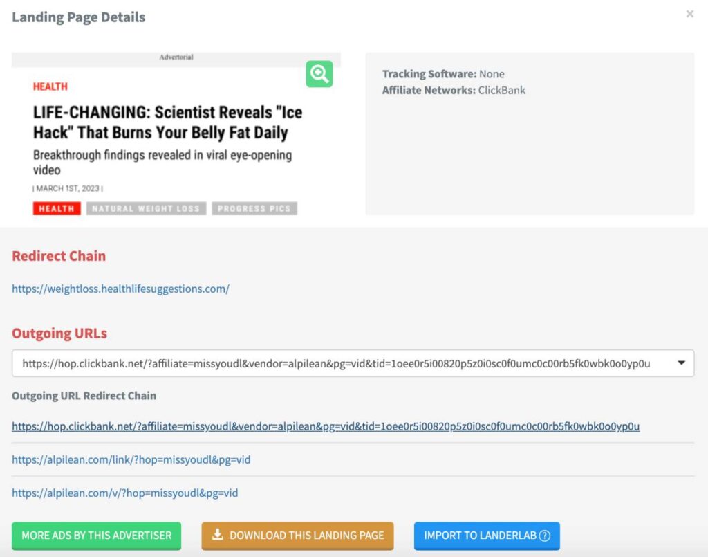Landing page details by native spy tool Adplexity