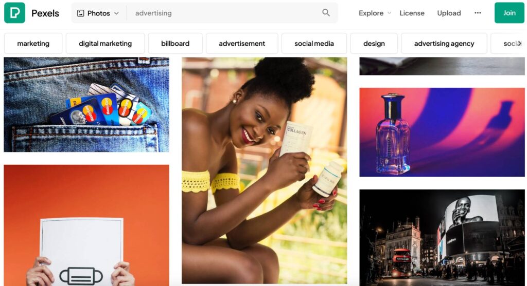 Pexels stock photo examples for advertising purposes