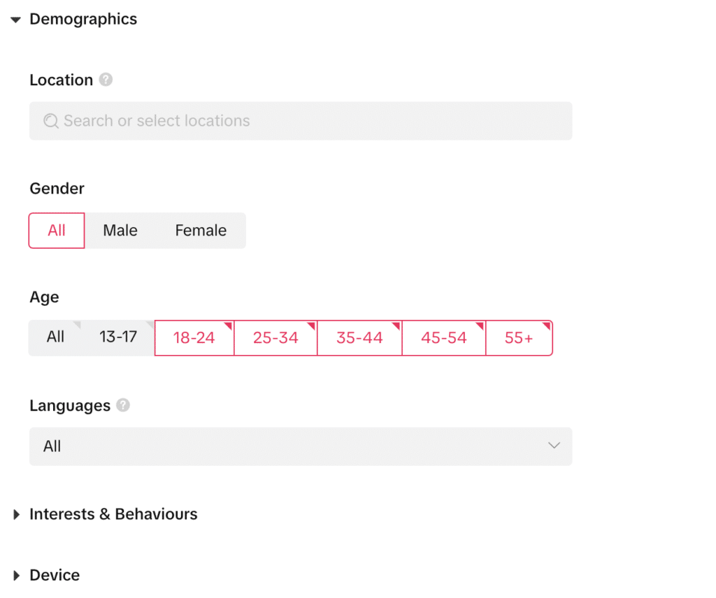 How to Scale Your TikTok Campaigns with Targeting: On TikTok, you can target on three core dimensions: Demographics: location, gender, age, language Interests & Behaviors: general interests, video interaction, interaction with creators, interaction with hashtags Device: operating system, device model, connection type