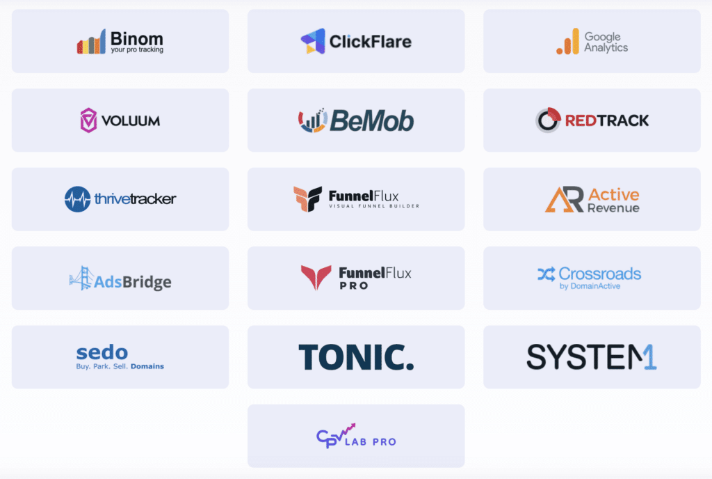 The Optimizer, our TikTok automation tool, has an integration with the most common trackers like Voluum, Binom, ClickFlare, and direct integration with the top search feeds like Tonic, Sedo, System 1, Bodis, DomainActive 