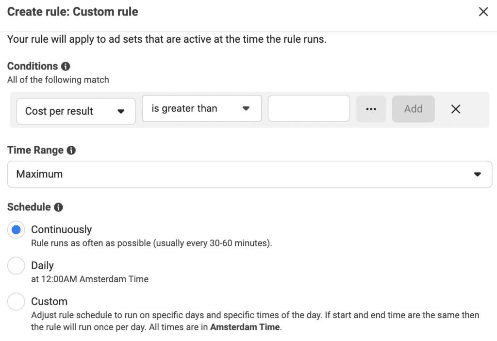 Facebook Automation rule schedule