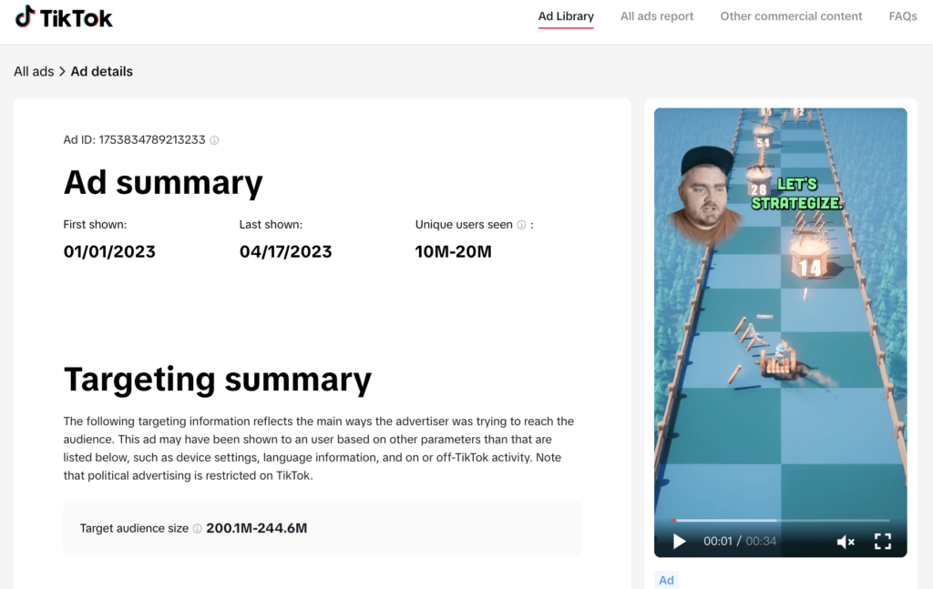 TikTok's Commercial Content Library Ad Summary