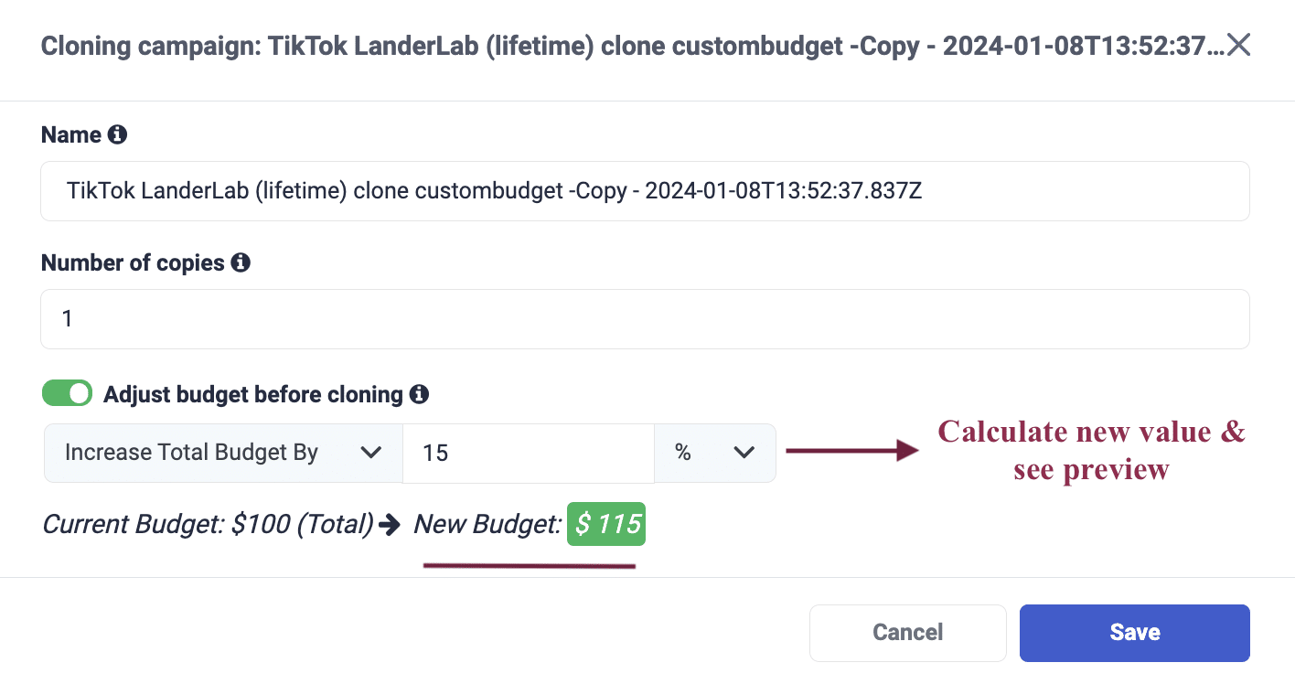 Duplicate TikTok Campaigns manually with TheOptimizer and set a new budget