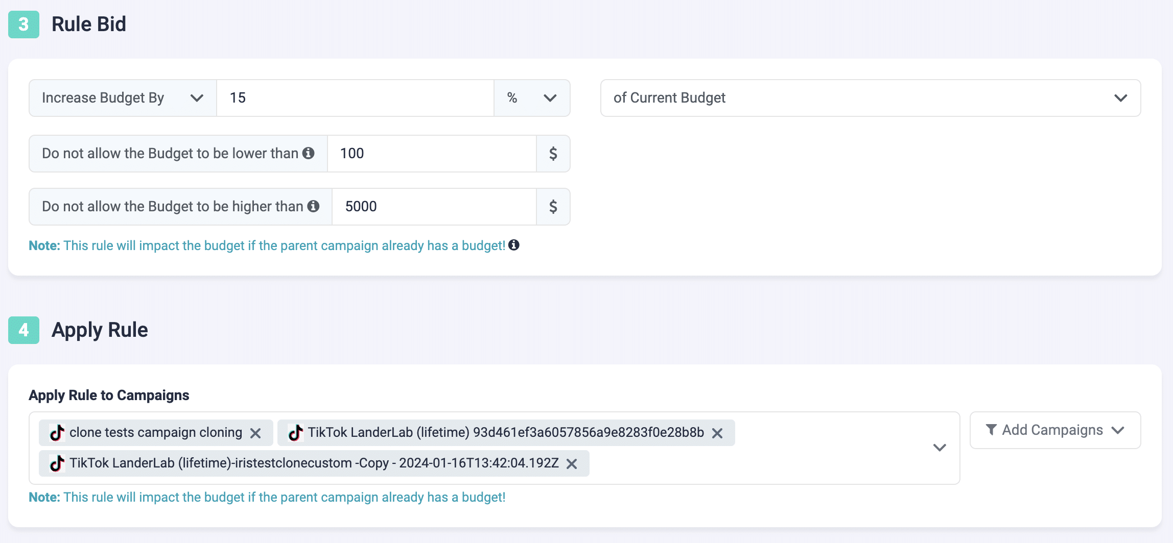 Duplicate TikTok Campaigns automatically with TheOptimizer using automation rules. Set a new budget for the duplicated campaign. 
