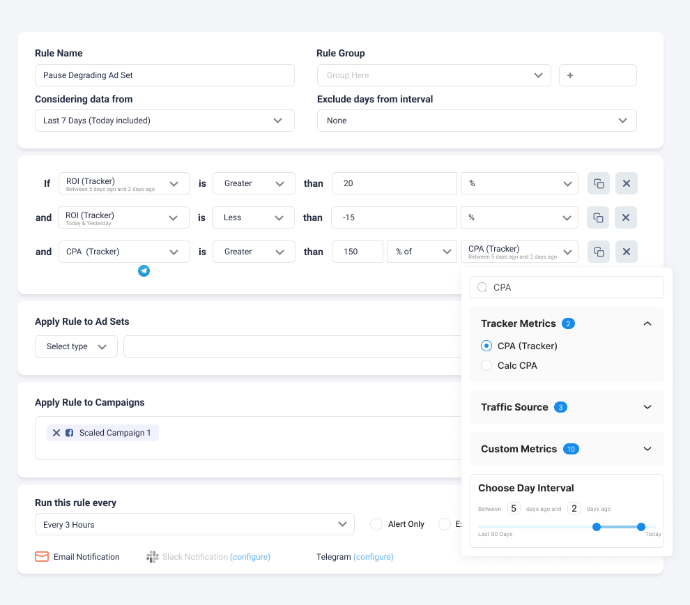 Meta Ads Rule Example - Detect Ad Set Performance Dip
