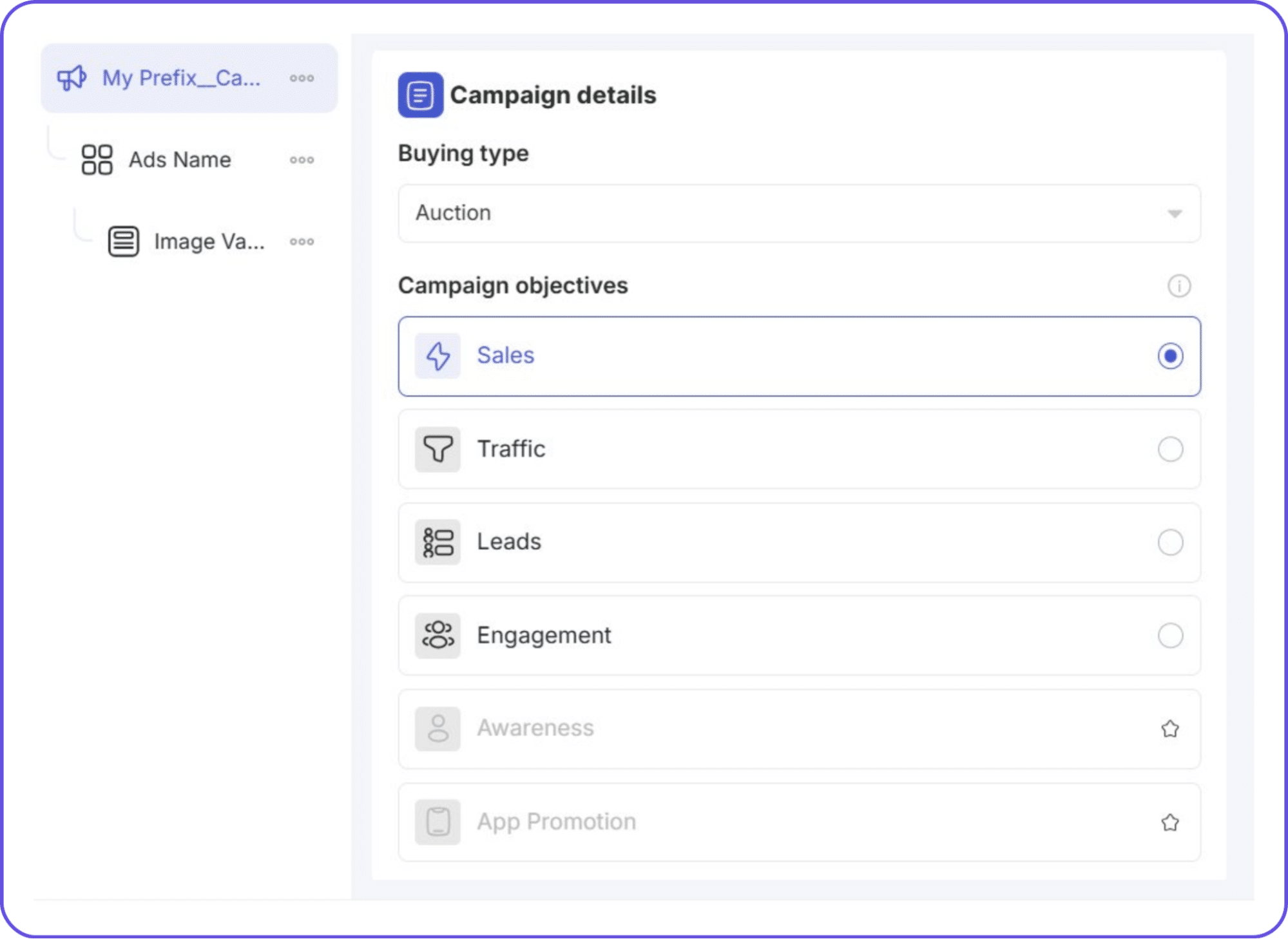 TheOptimizer campaign details setup showing buying type, campaign objective, and budget configuration