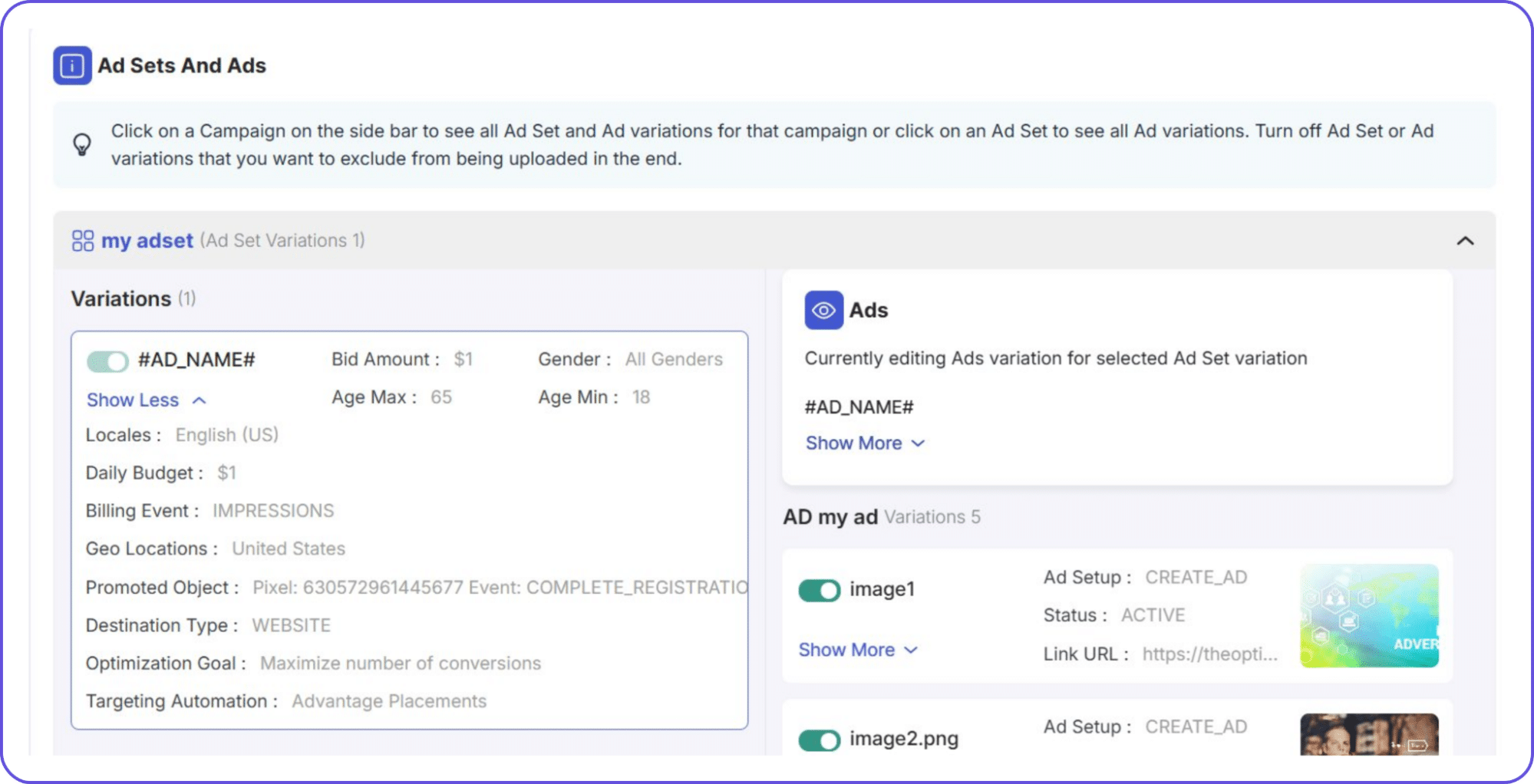 TheOptimizer ad set and ads variation preview showing individual creatives assigned to each ad set before bulk publishing