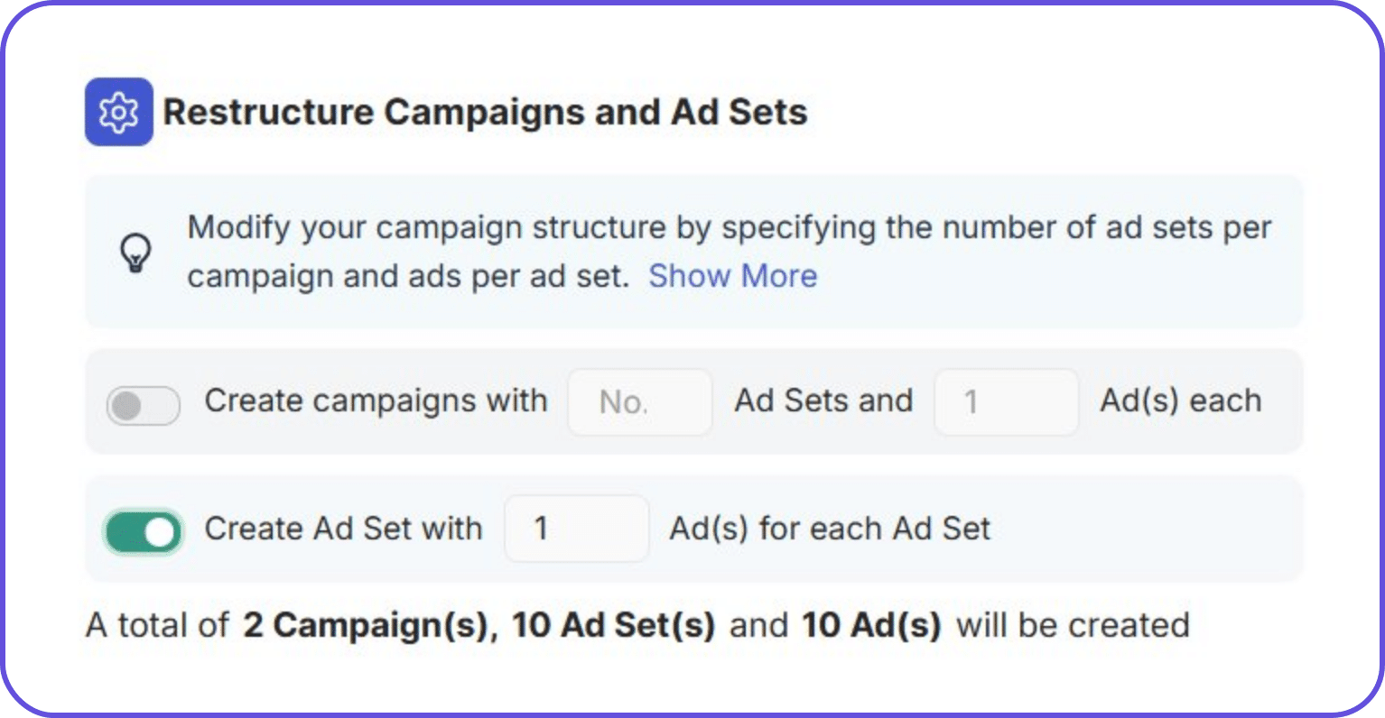 TheOptimizer auto-distribute settings to split creatives into isolated ad sets for Facebook ad testing at scale