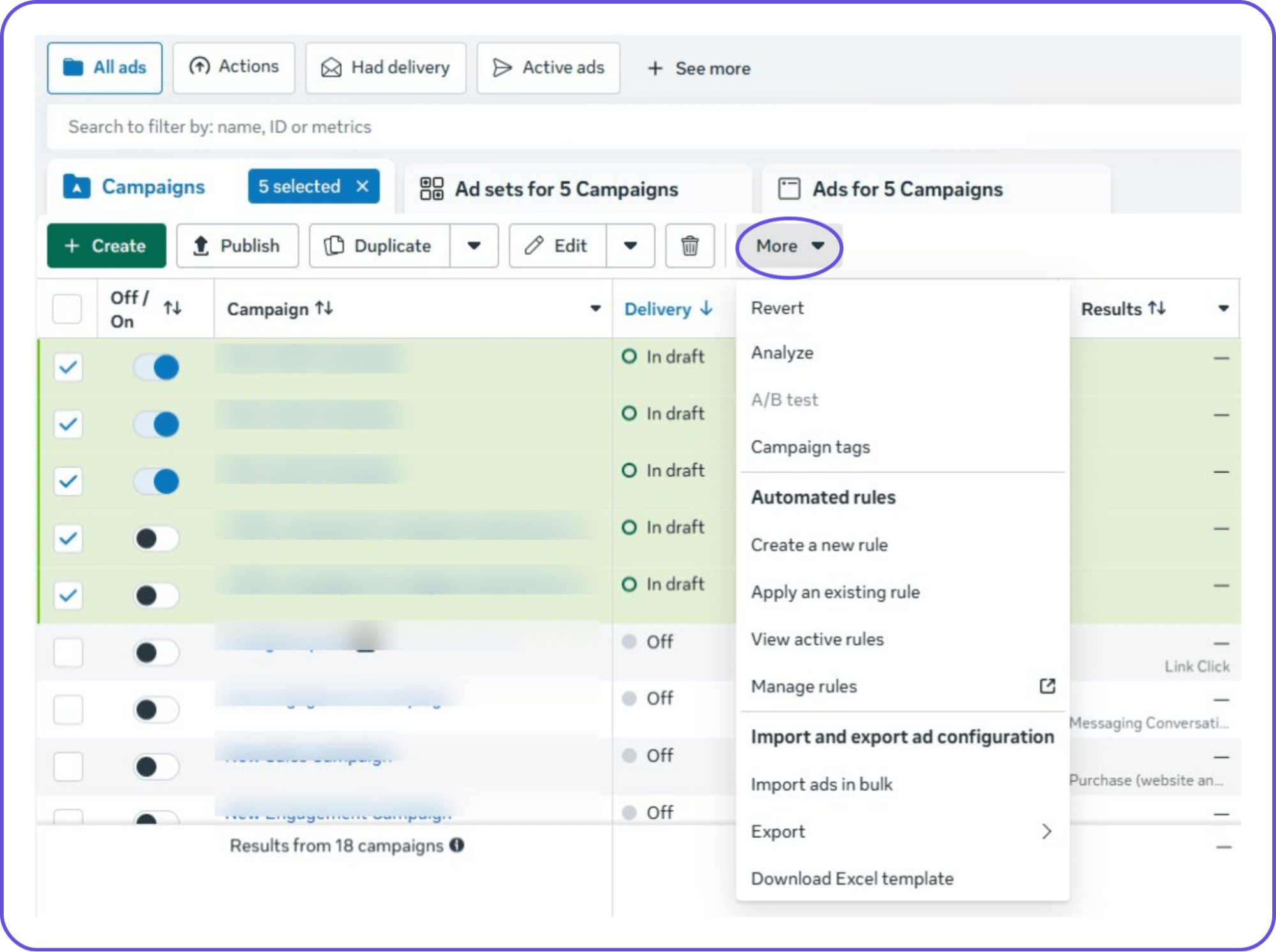 Meta Ads Manager showing the Import and Export menu for bulk uploading Facebook ad campaigns via spreadsheet