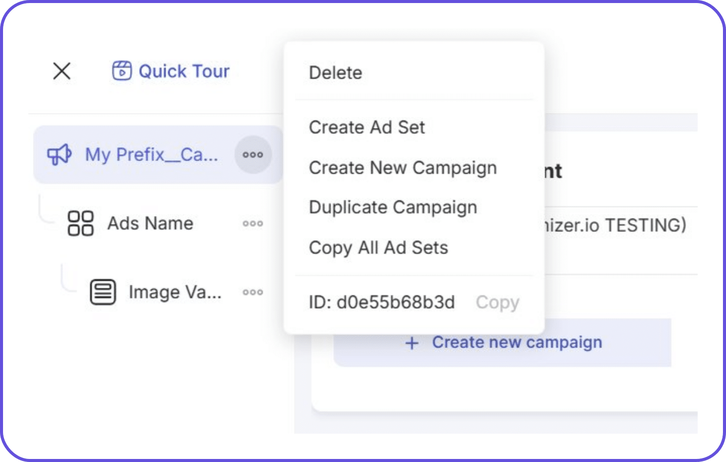 TheOptimizer three-dot menu showing Duplicate Campaign option for multi-account bulk Facebook ad launch