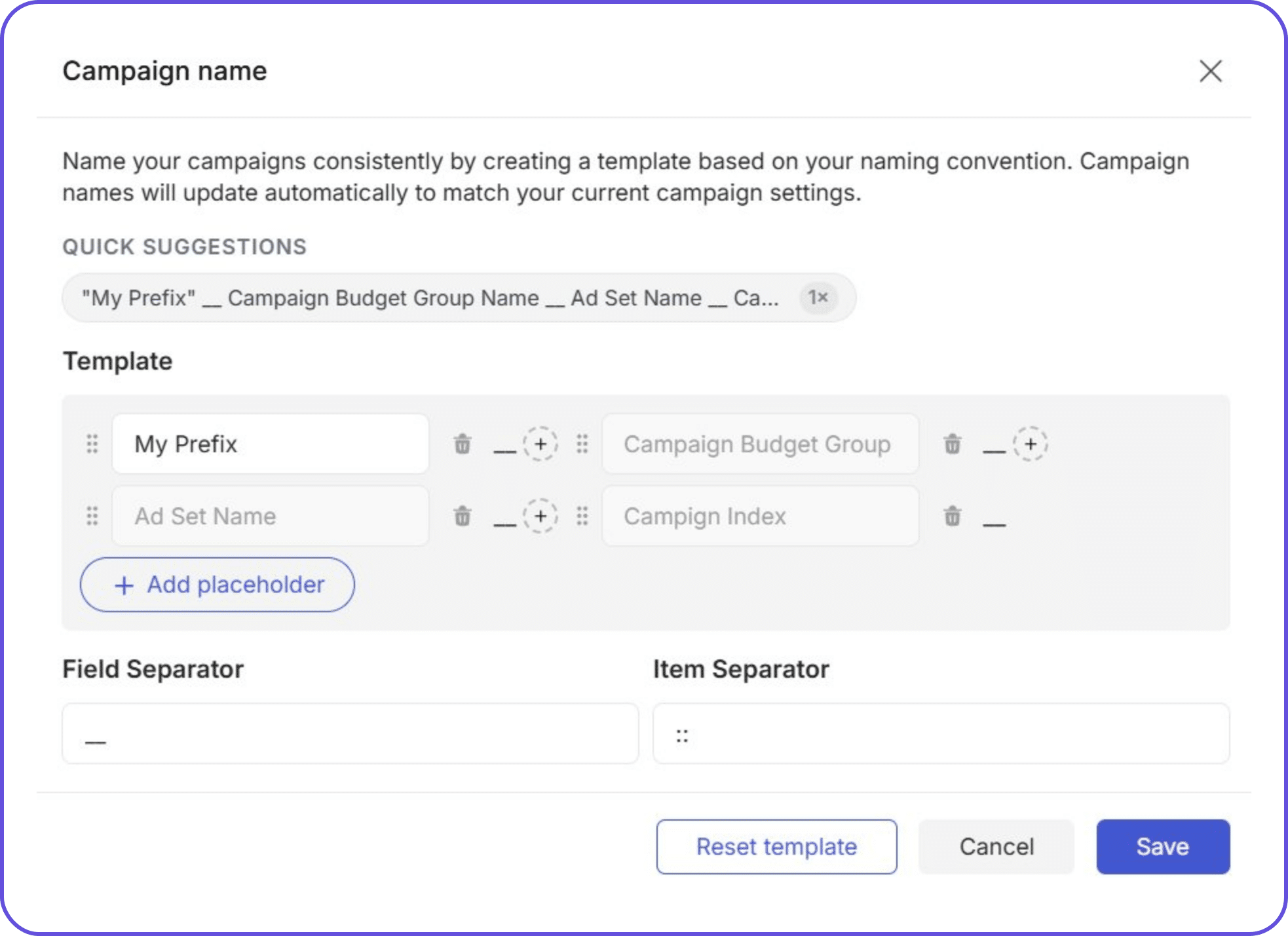 TheOptimizer naming template builder with dynamic placeholders for automated bulk Facebook campaign naming
