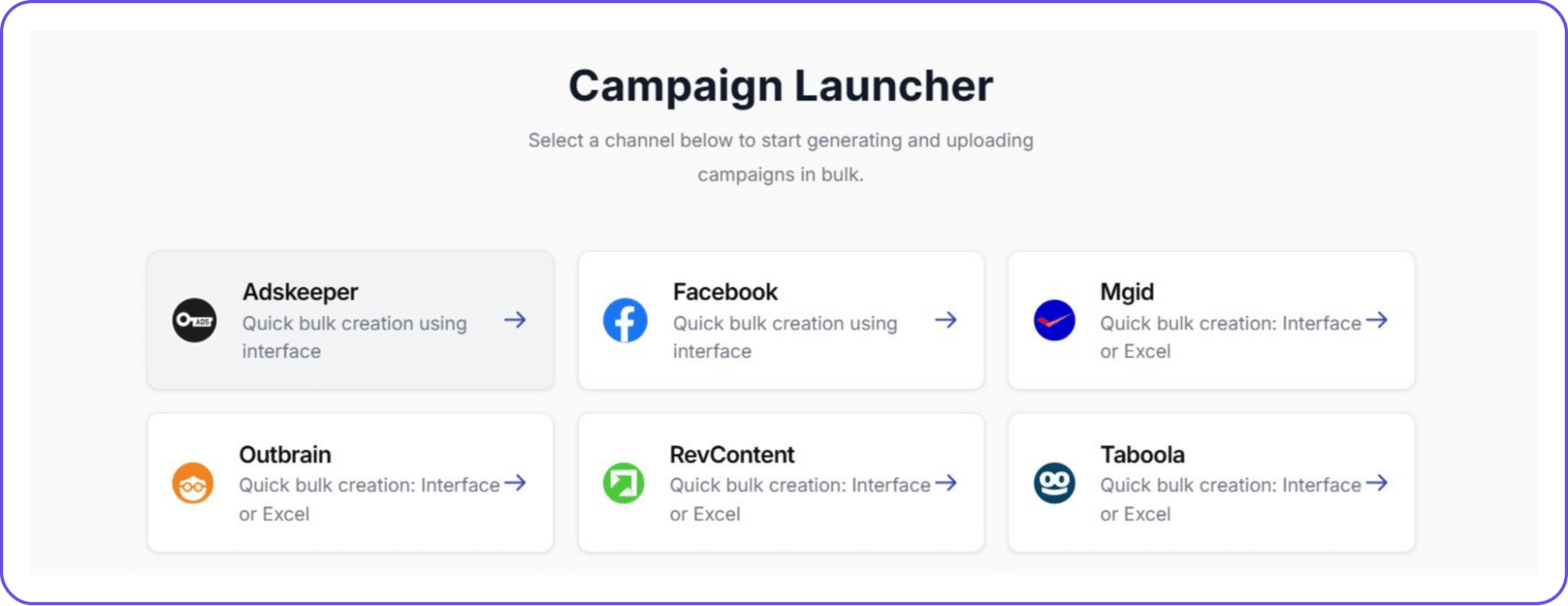 TheOptimizer Campaign Creator showing supported ad platforms including Facebook, TikTok, Google, and native ad networks
