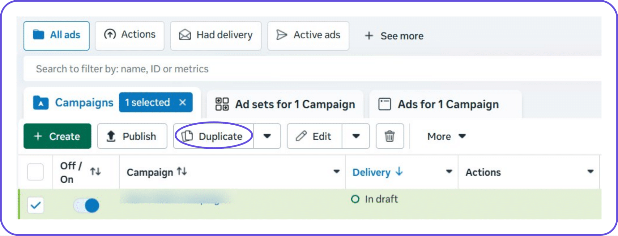 Meta Ads Manager toolbar showing the Duplicate button for bulk creating Facebook ad campaign variations