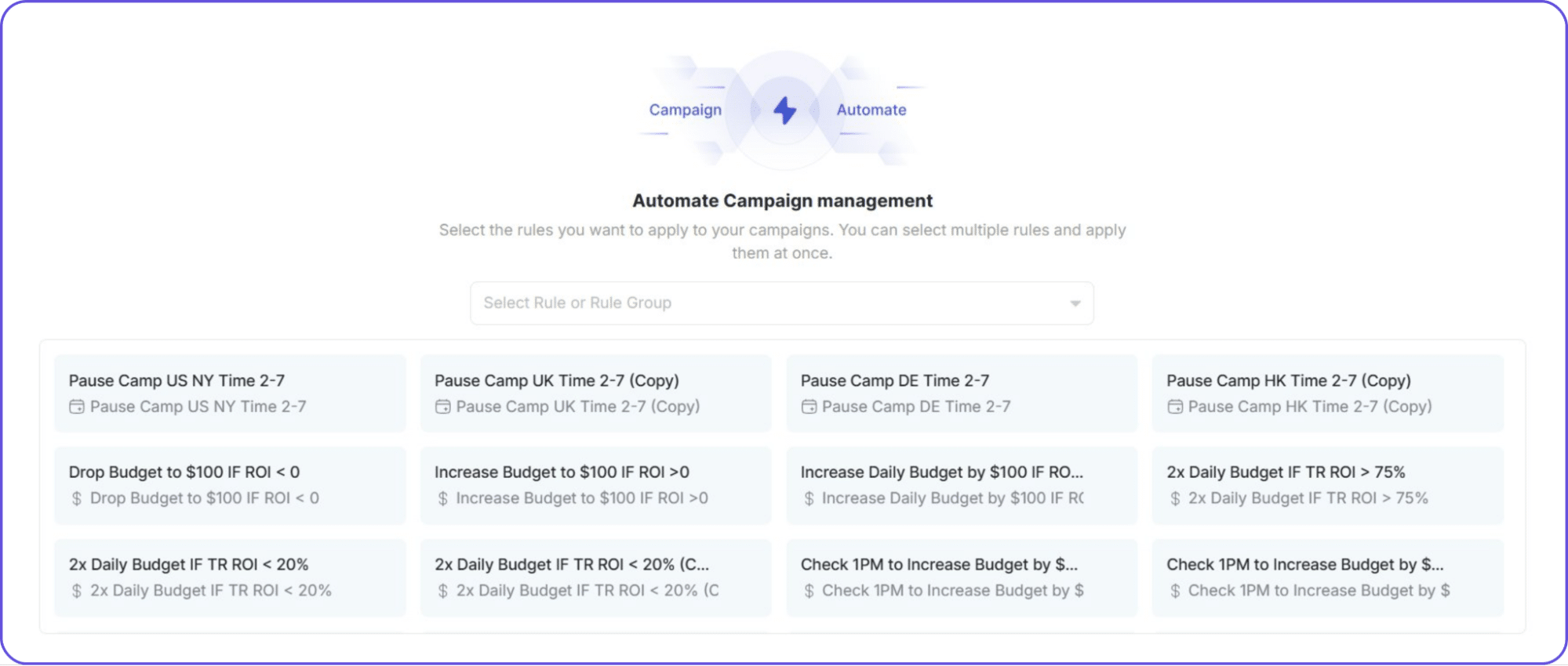 TheOptimizer automation rules screen showing stop-loss and budget scaling rules attached before publishing bulk Facebook campaigns