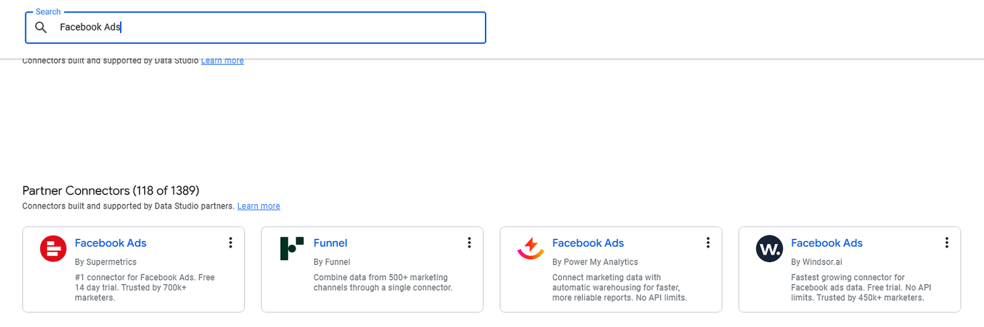 Google Data Studio list of partner connectors including Facebook Ads