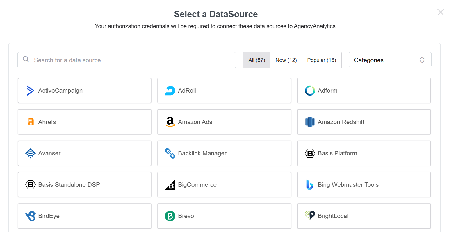AgencyAnalytics data source selection screen showing 87 integrations including Facebook Ads