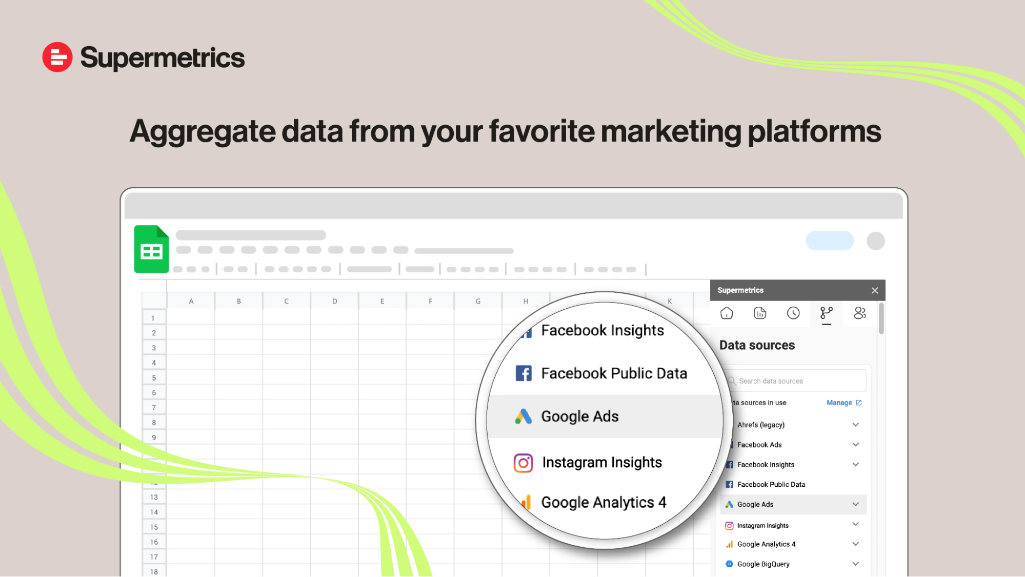 Supermetrics aggregating data from Facebook Ads, Google Ads, Instagram, and Google Analytics into Google Sheets - Facebook Ads reporting tool