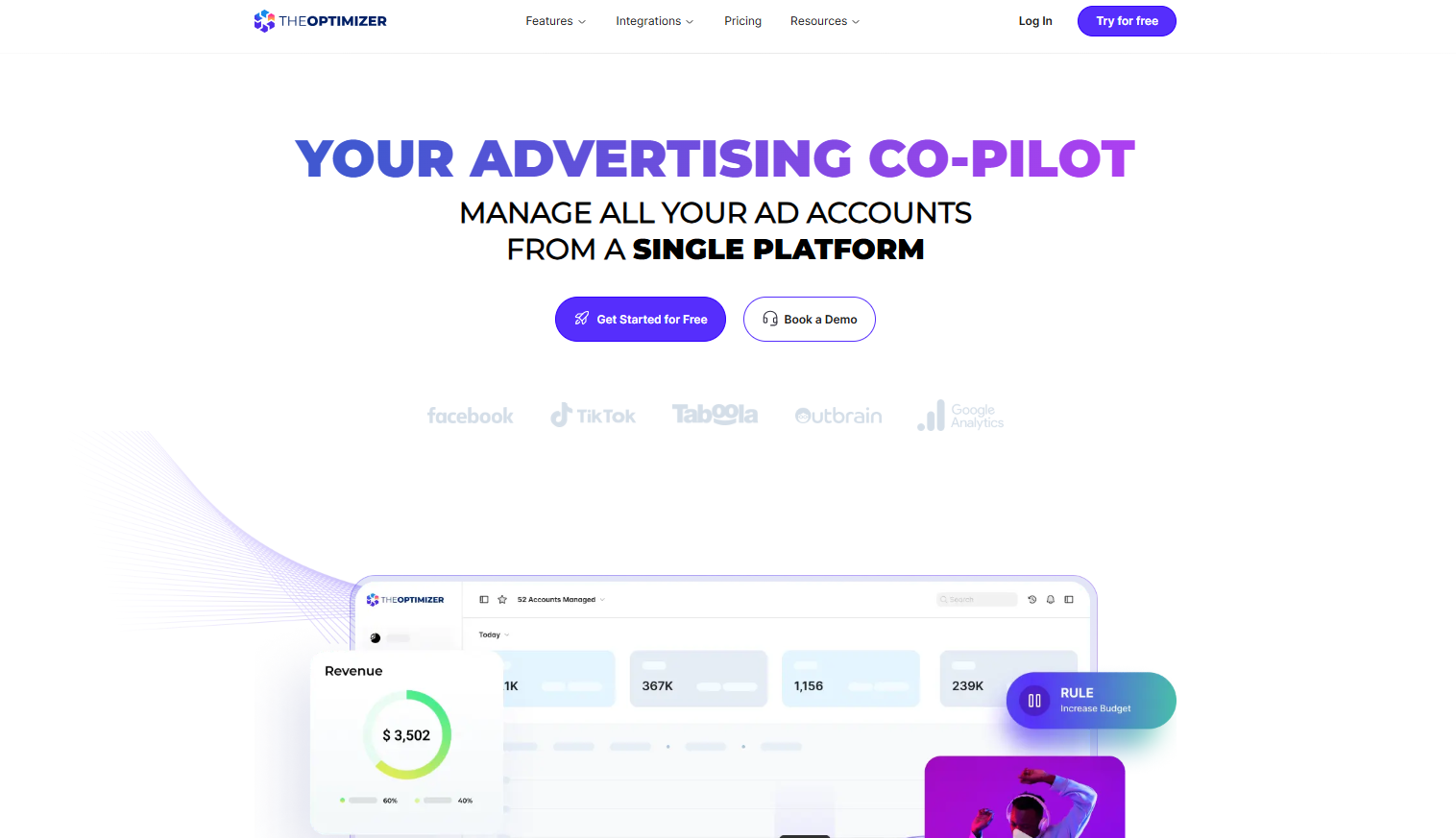 TheOptimizer landing page featuring the headline Your Advertising Co-Pilot and the subheading Manage all your ad accounts from a single platform