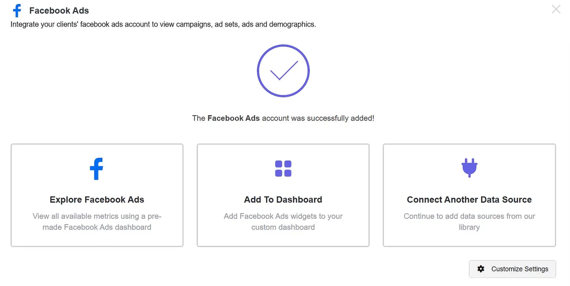 AgencyAnalytics three immediate paths after connecting to Facebook Ads