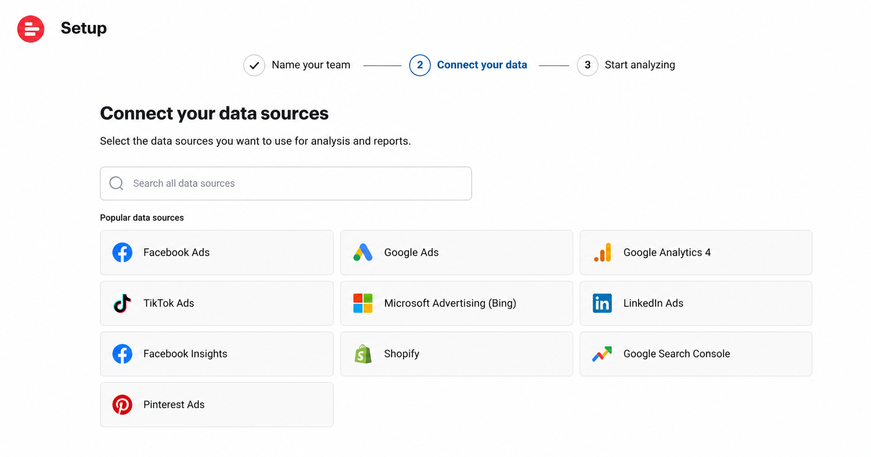 Supermetrics data source connection screen showing Facebook Ads as a source option - Facebook Ads reporting tool setup