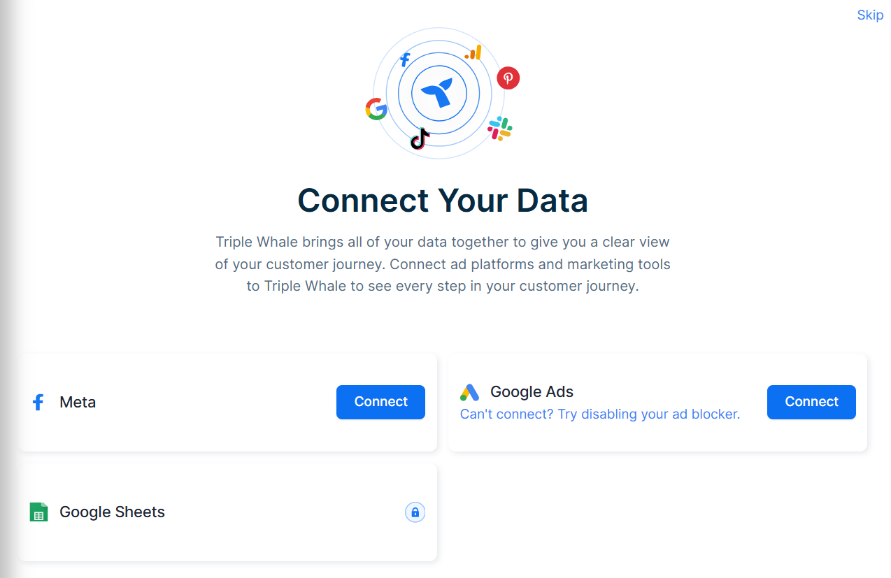 Triple Whale setup stage featuring options to connect your data