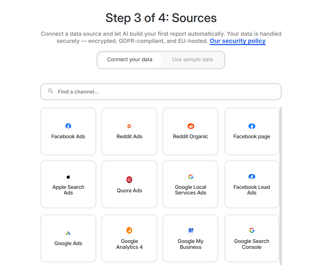 Whatagraph data source selection screen showing Facebook Ads, Google Ads, Reddit Ads, and Apple Search Ads
