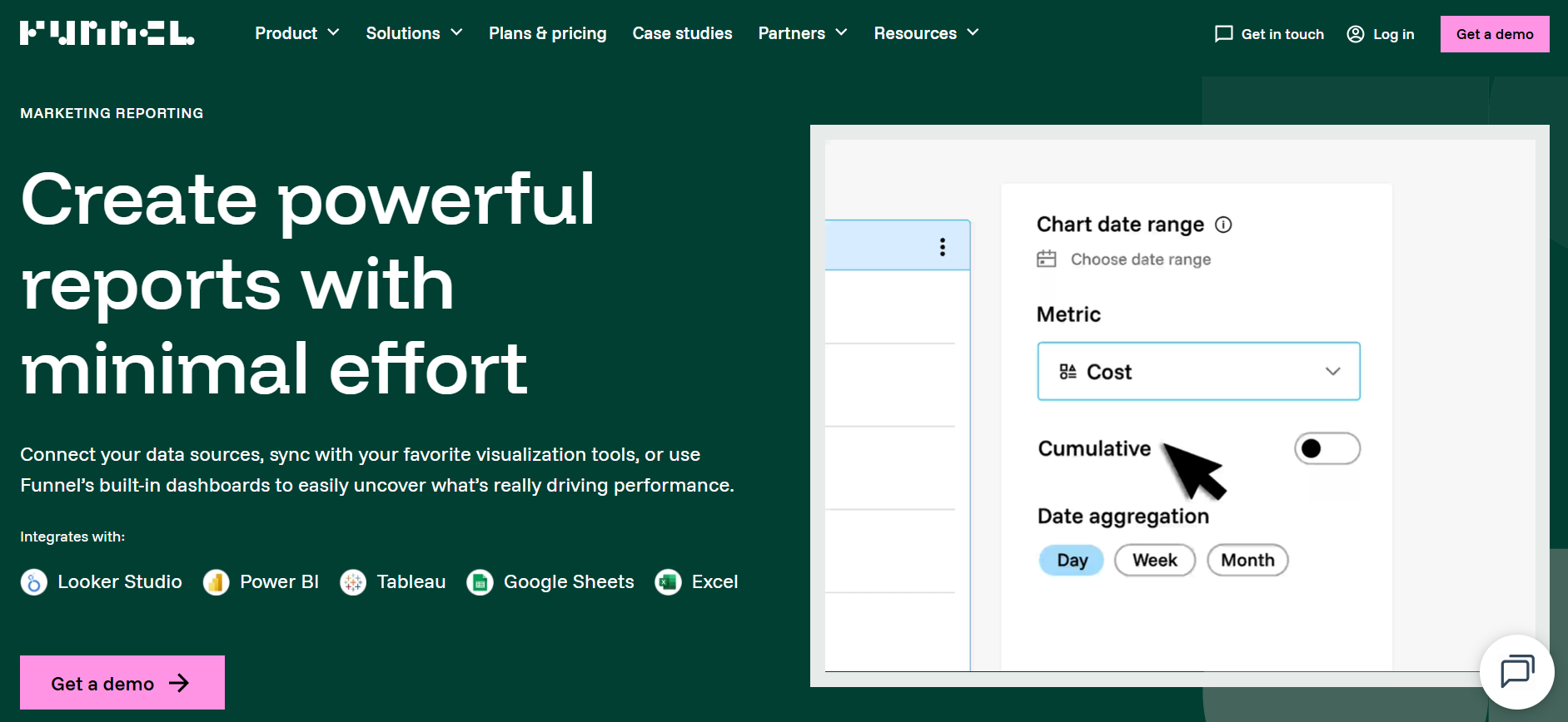 Funnel.io marketing reporting platform showing data warehouse integrations including Power BI and Tableau - Facebook ads reporting tool