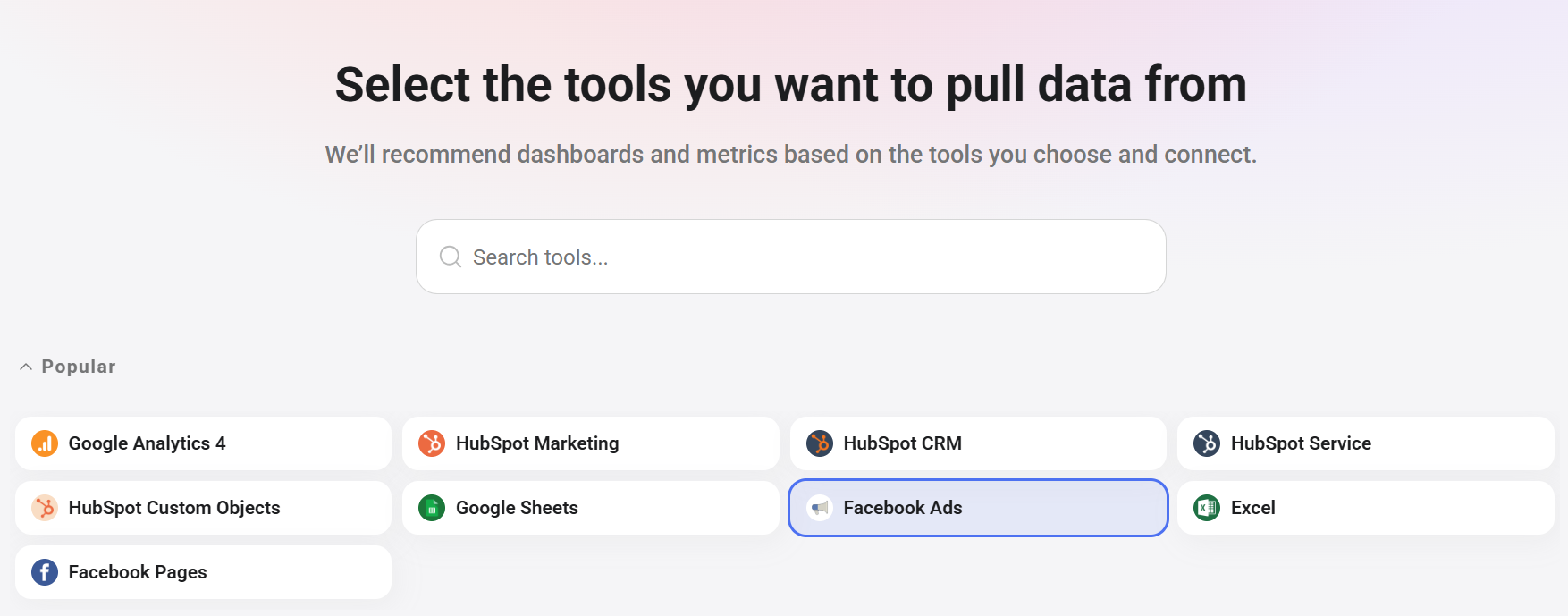 Databox data source library showing Facebook Ads selected alongside Google Analytics and HubSpot