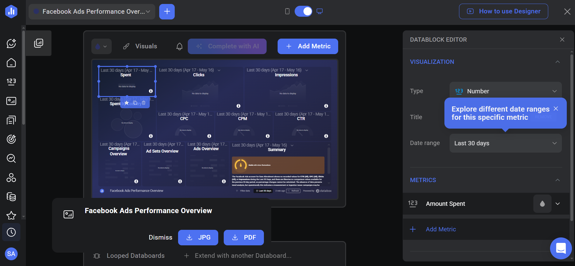 Databox dashboard editor showing Facebook Ads performance overview