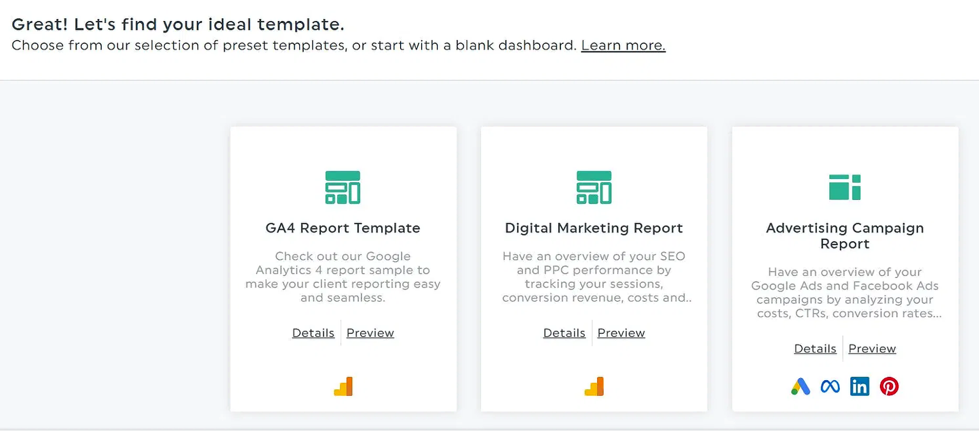DashThis template selection screen shows GA4 Report, Digital Marketing Report, and Advertising Campaign Report options