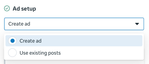 Facebook Ads Manager showing Create Ad vs Use Existing Post options when setting up a Facebook dark post ad